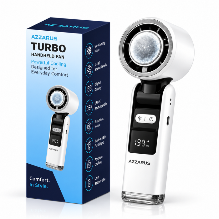 AZZARUS Turbo Handheld Fan with Cooling Plate, 5 Wind Levels + 1–199 Digital Adjustment, USB-C, White