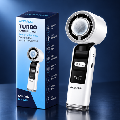 AZZARUS Turbo Handheld Fan on blue background