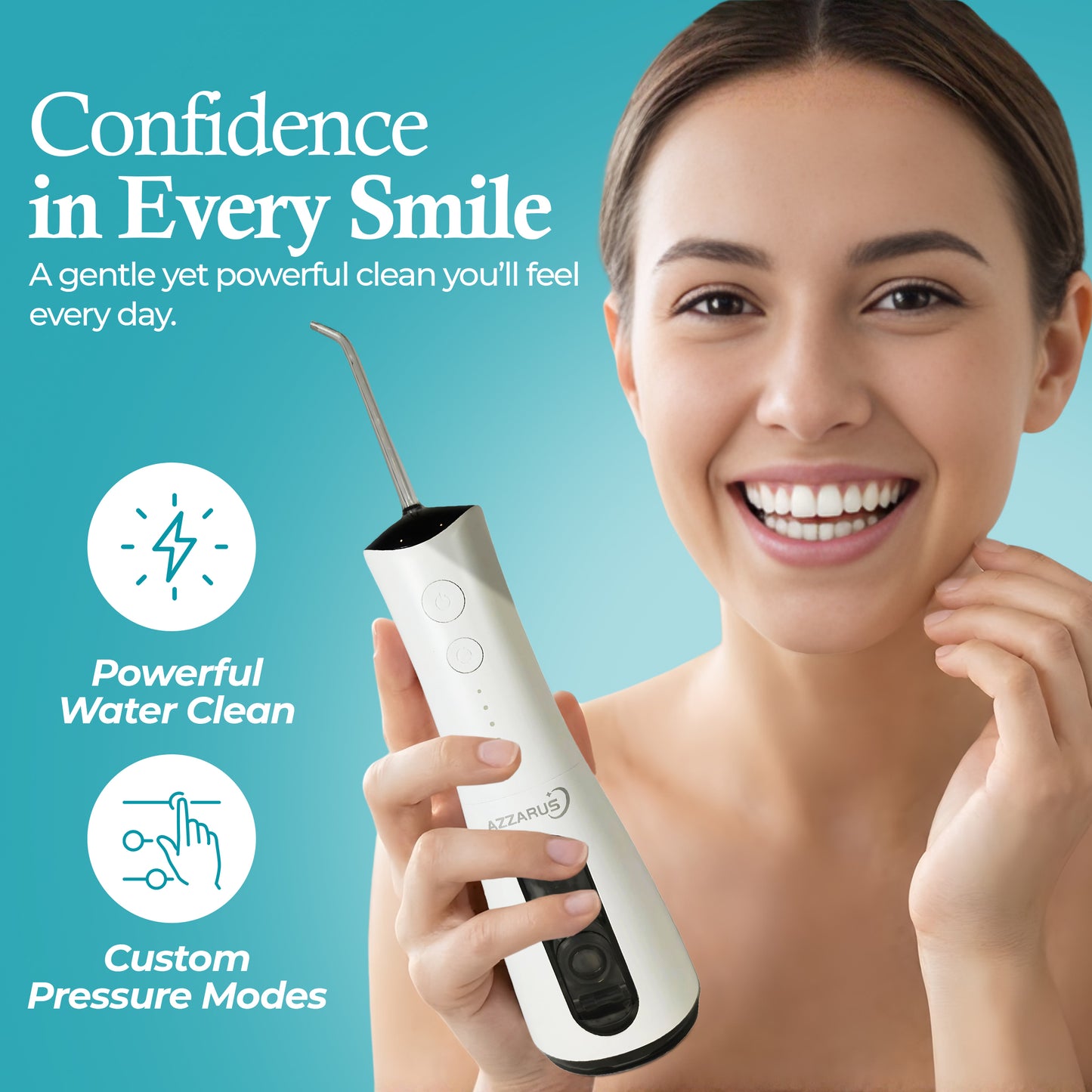 Woman holding AZZARUS cordless water flosser smiling