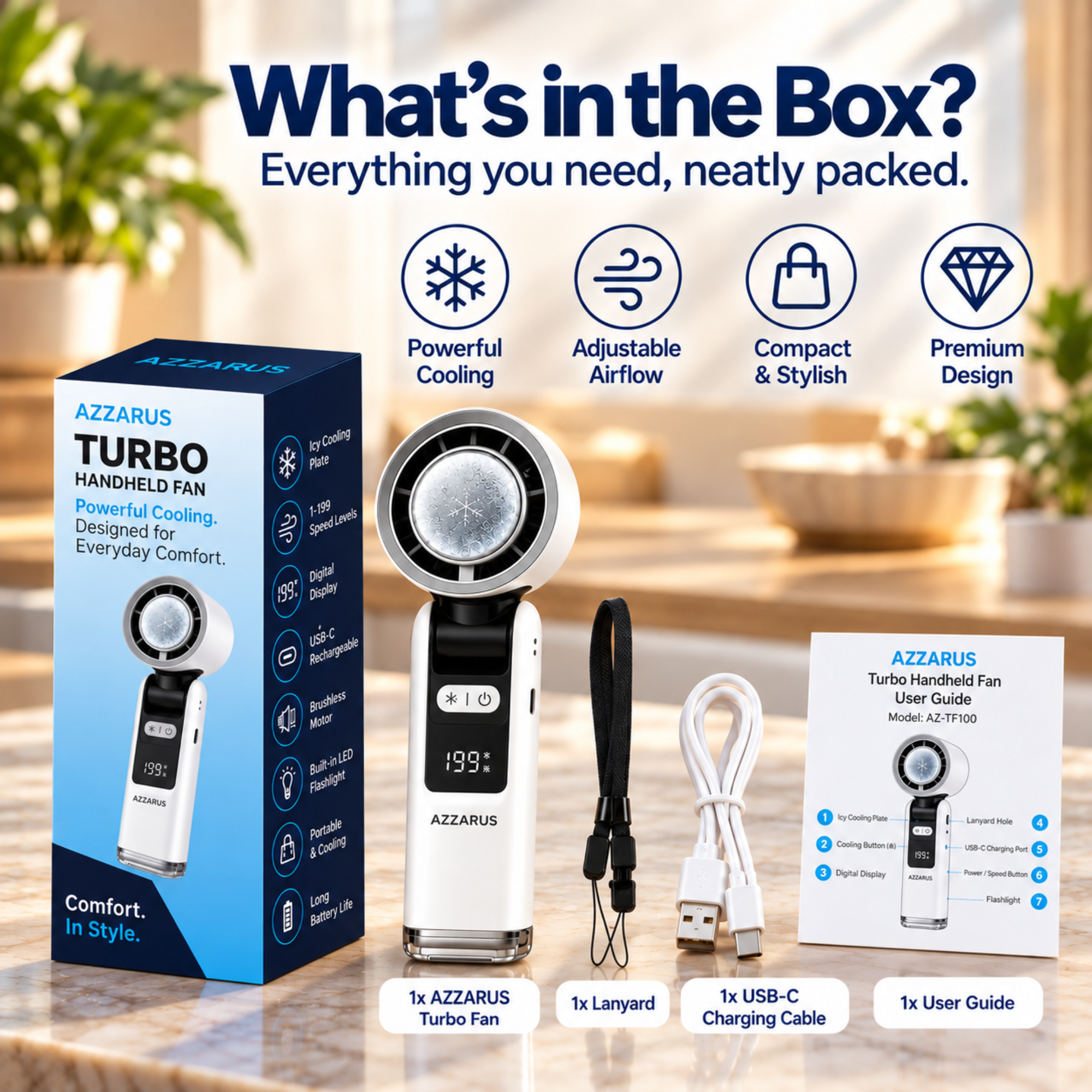 AZZARUS Turbo Fan with its box, lanyard, USB-C cable and user guide