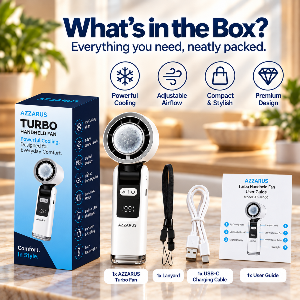 AZZARUS Turbo Handheld Fan – what's in the box