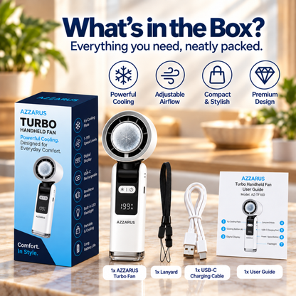 AZZARUS Turbo Handheld Fan – what's in the box