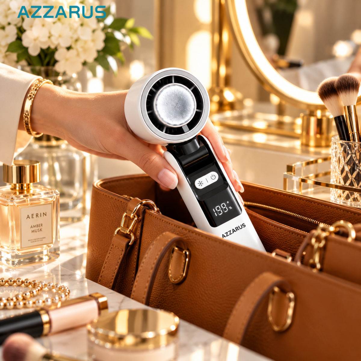 AZZARUS Turbo Handheld Fan fits in a bag