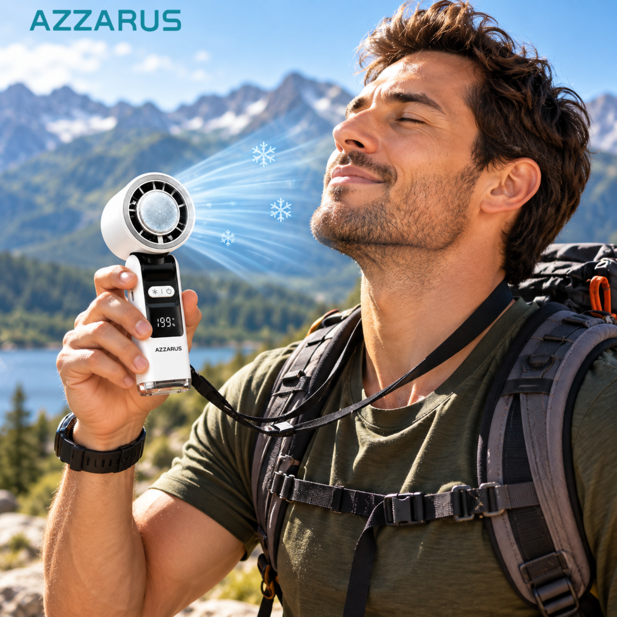 Hiker using the AZZARUS Turbo Handheld Fan