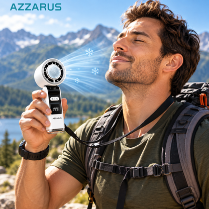Hiker using the AZZARUS Turbo Handheld Fan
