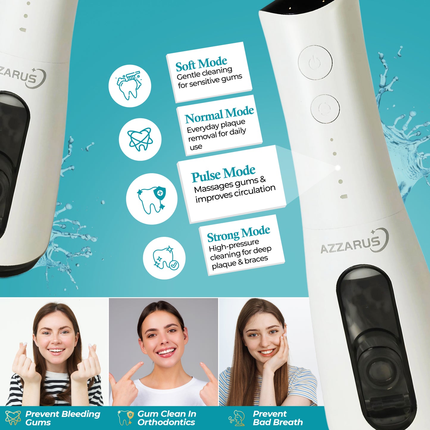 AZZARUS cordless water flosser showing 4 pressure modes infographic