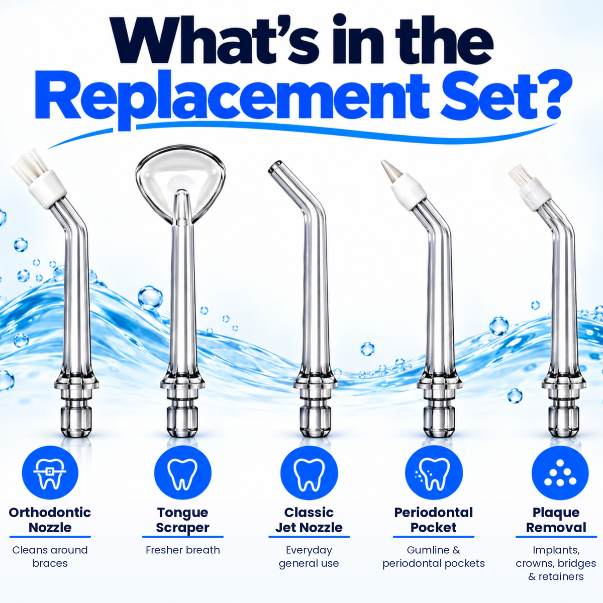 AZZARUS five specialized replacement water flosser tips for everyday oral care