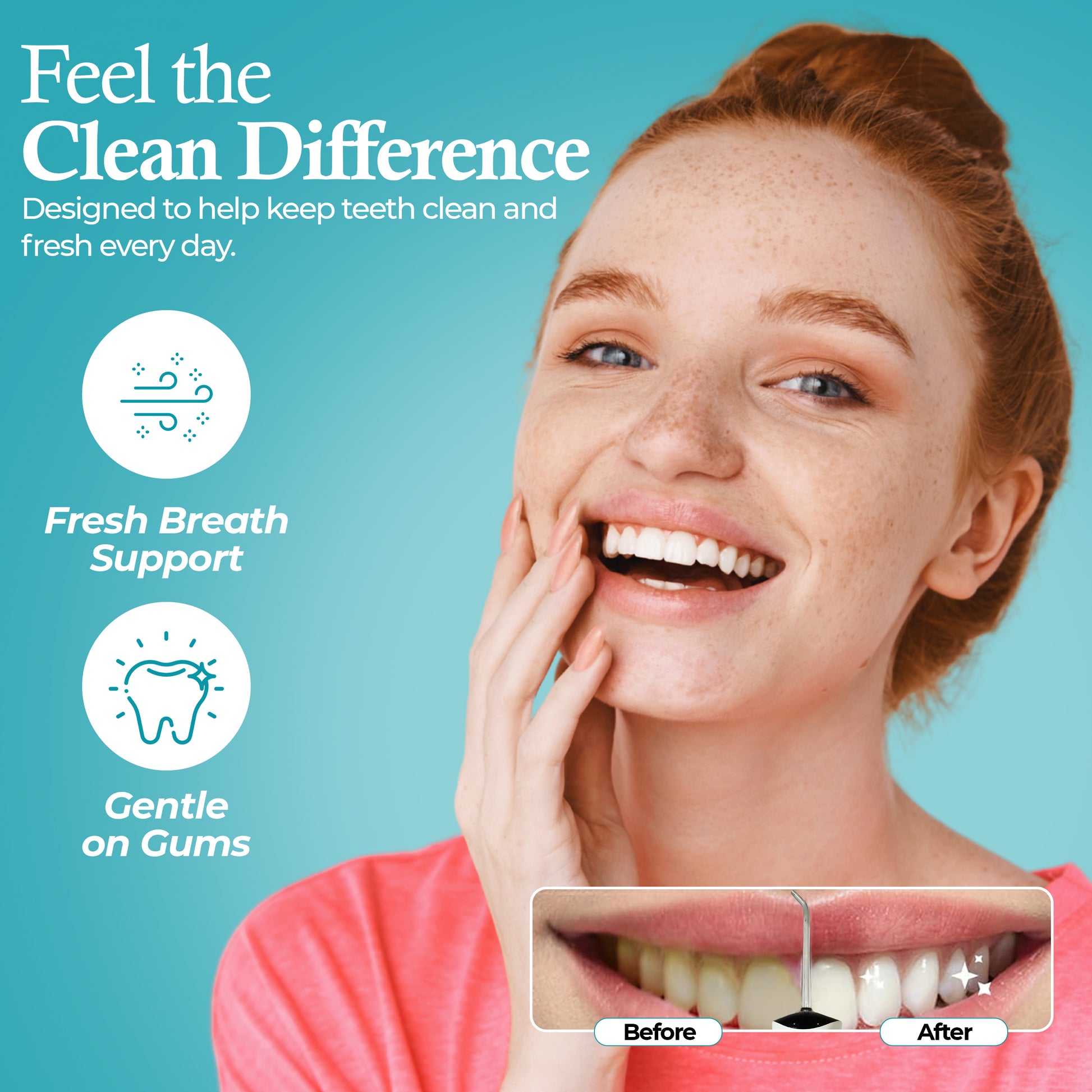 Smiling woman with AZZARUS cordless water flosser before and after graphic