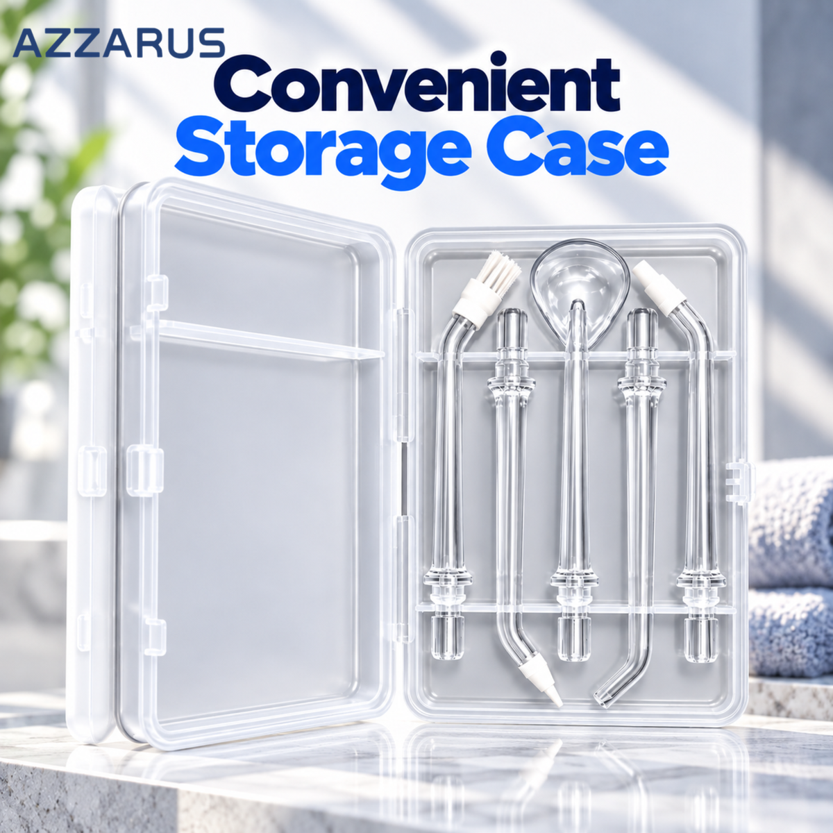 AZZARUS water flosser replacement tips organized in a portable travel storage case