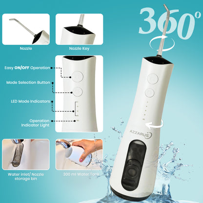 AZZARUS cordless water flosser 360 degree design with LED indicators and refill options