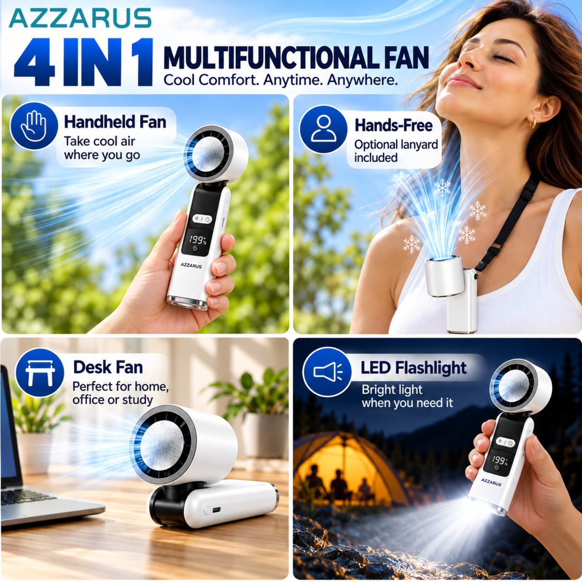 AZZARUS Turbo Handheld Fan multi-use modes