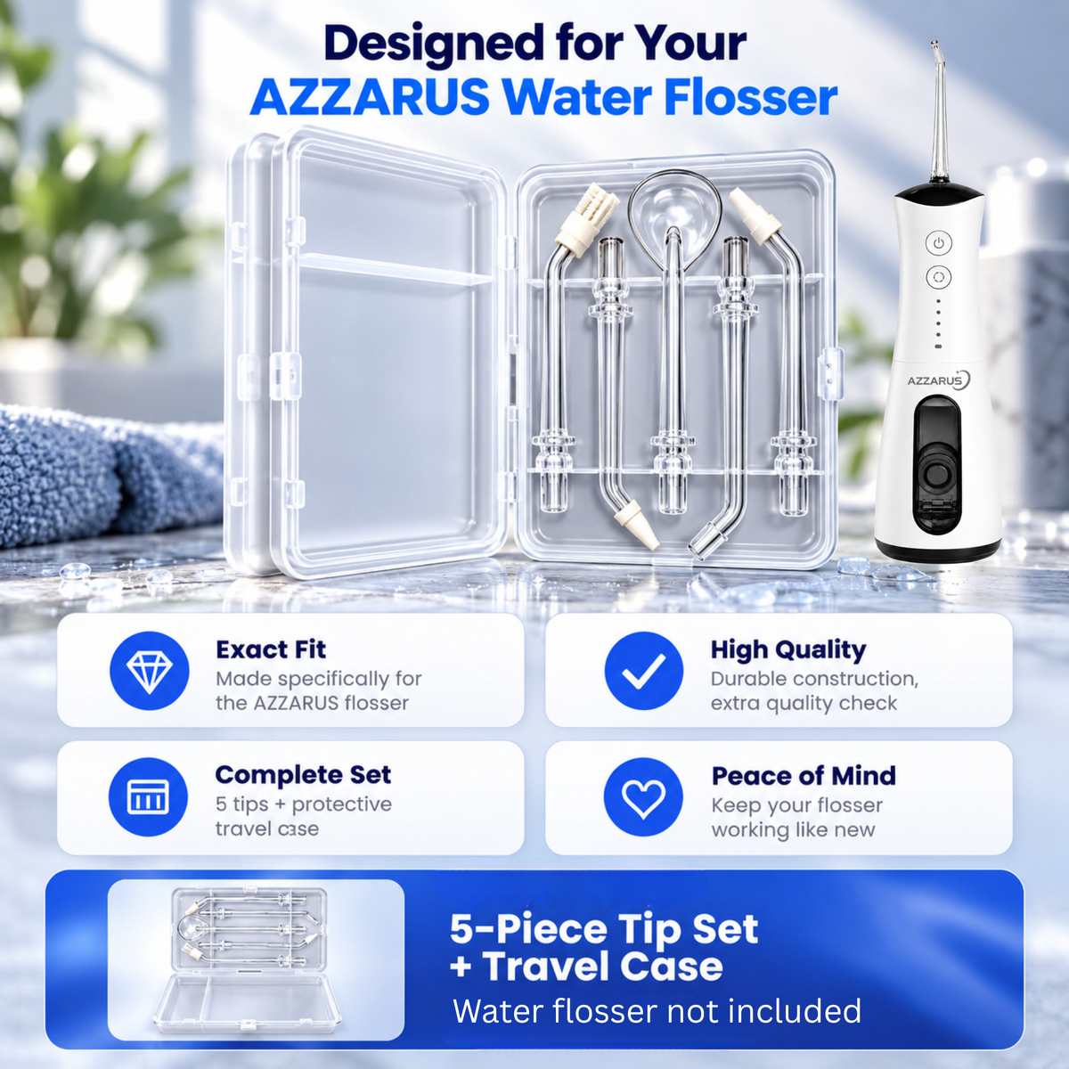 AZZARUS replacement tips designed for the AZZARUS Water Flosser, with travel case