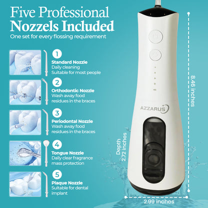 AZZARUS cordless water flosser with five nozzle attachments infographic