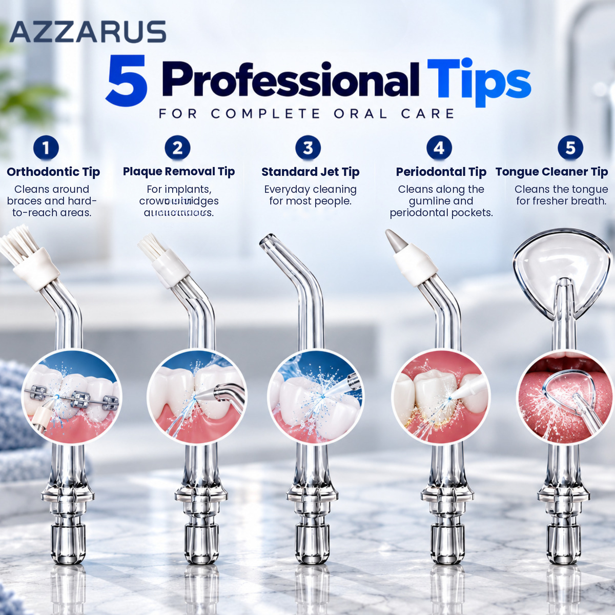 Five AZZARUS replacement tips for different cleaning needs