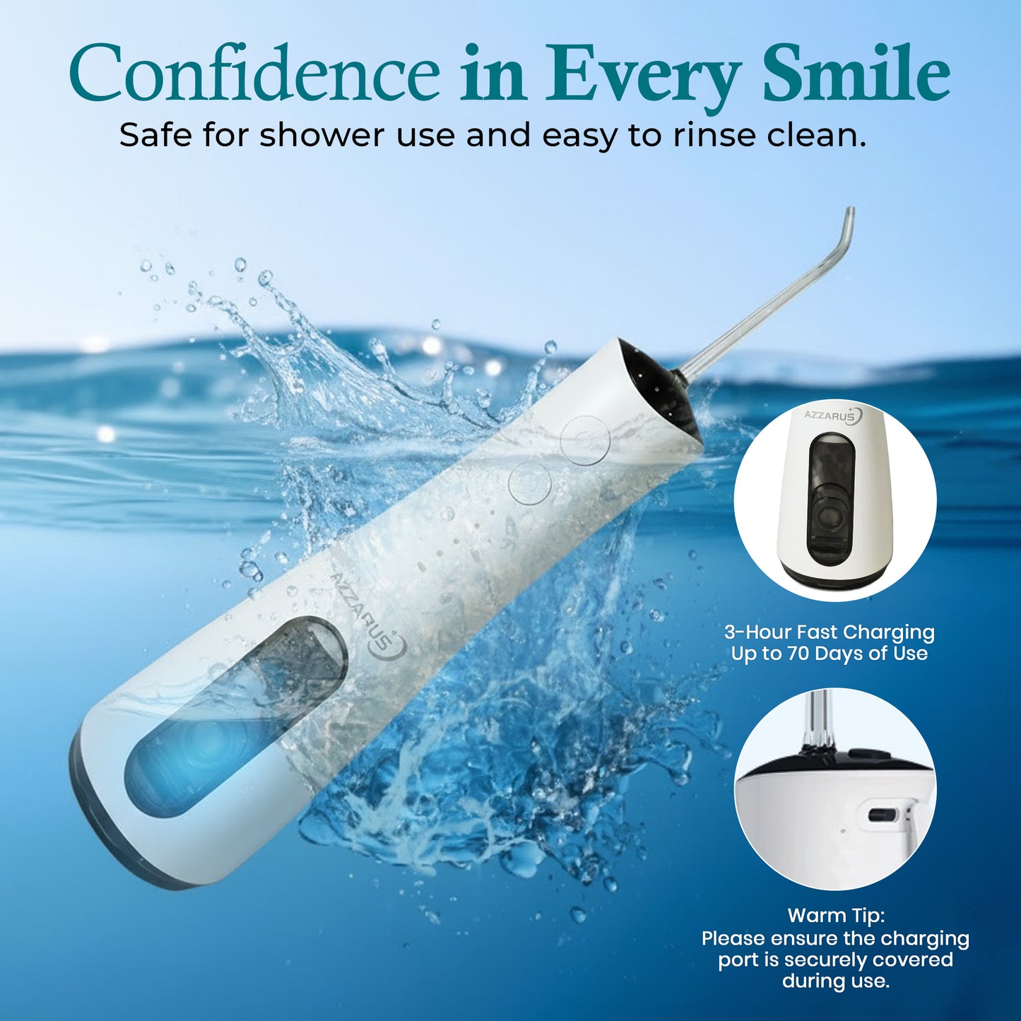 AZZARUS portable cordless water flosser shown underwater, highlighting waterproof design and safe shower use