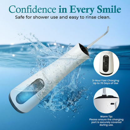 AZZARUS portable cordless water flosser shown underwater, highlighting waterproof design and safe shower use