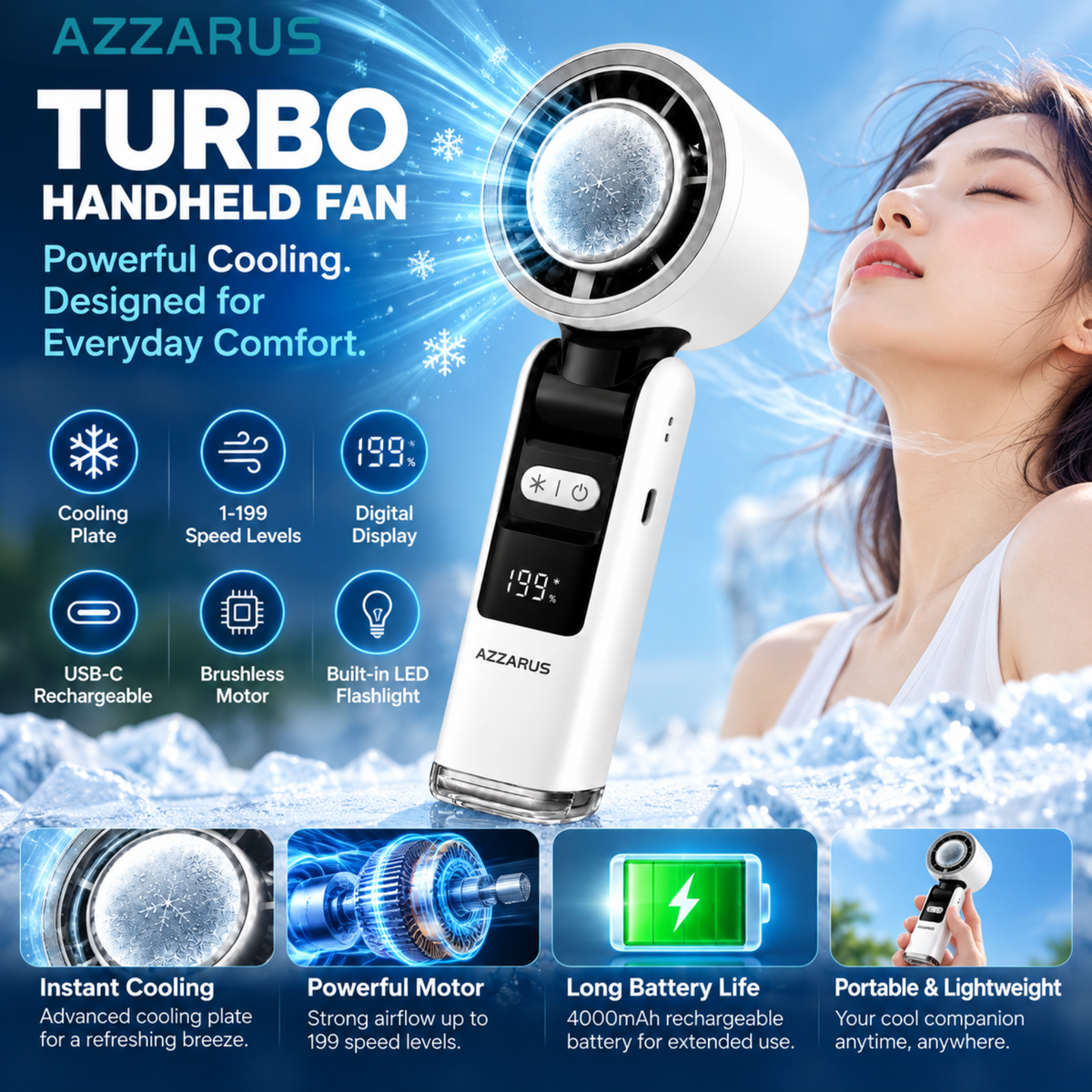 AZZARUS Turbo Handheld Fan held in hand