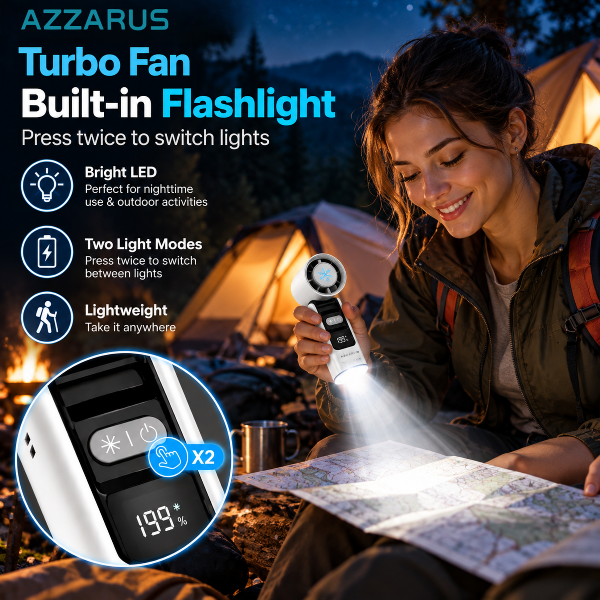 AZZARUS Turbo Handheld Fan built-in flashlight