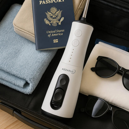 AZZARUS portable cordless water flosser packed in a travel bag alongside passport and essentials