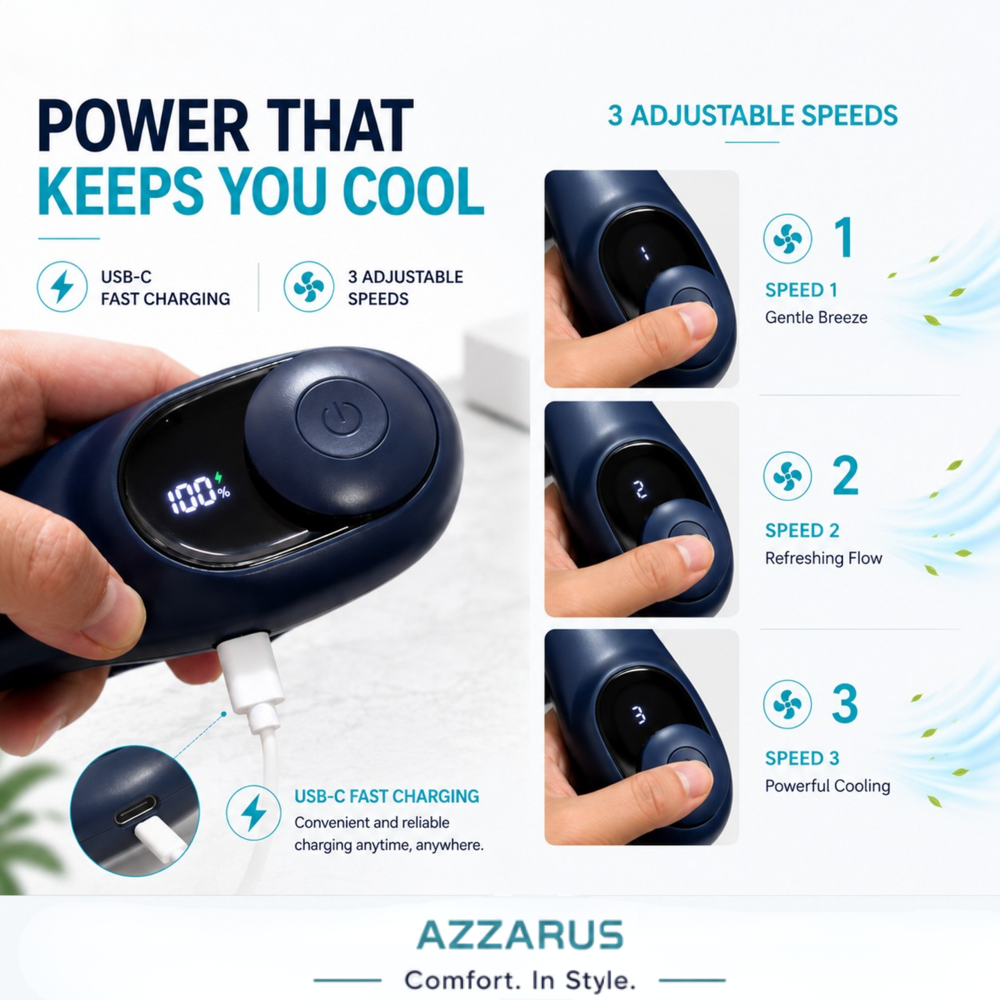 AZZARUS Neck Fan with Digital Display – Rechargeable Bladeless Wearable Fan, 4000mAh Battery, 3 Speeds & USB-C Charging