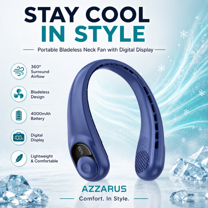 AZZARUS Neck Fan with Digital Display – Rechargeable Bladeless Wearable Fan, 4000mAh Battery, 3 Speeds & USB-C Charging