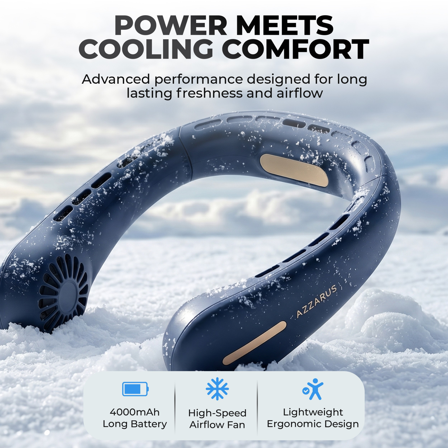 AZZARUS® Bladeless Neck Fan – USB Rechargeable Personal Cooling Fan, 4000mAh Battery, 3 Speeds, 360° Airflow – Available in Blue & White