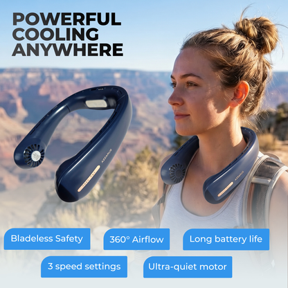 AZZARUS® Bladeless Neck Fan – USB Rechargeable Personal Cooling Fan, 4000mAh Battery, 3 Speeds, 360° Airflow – Available in Blue & White