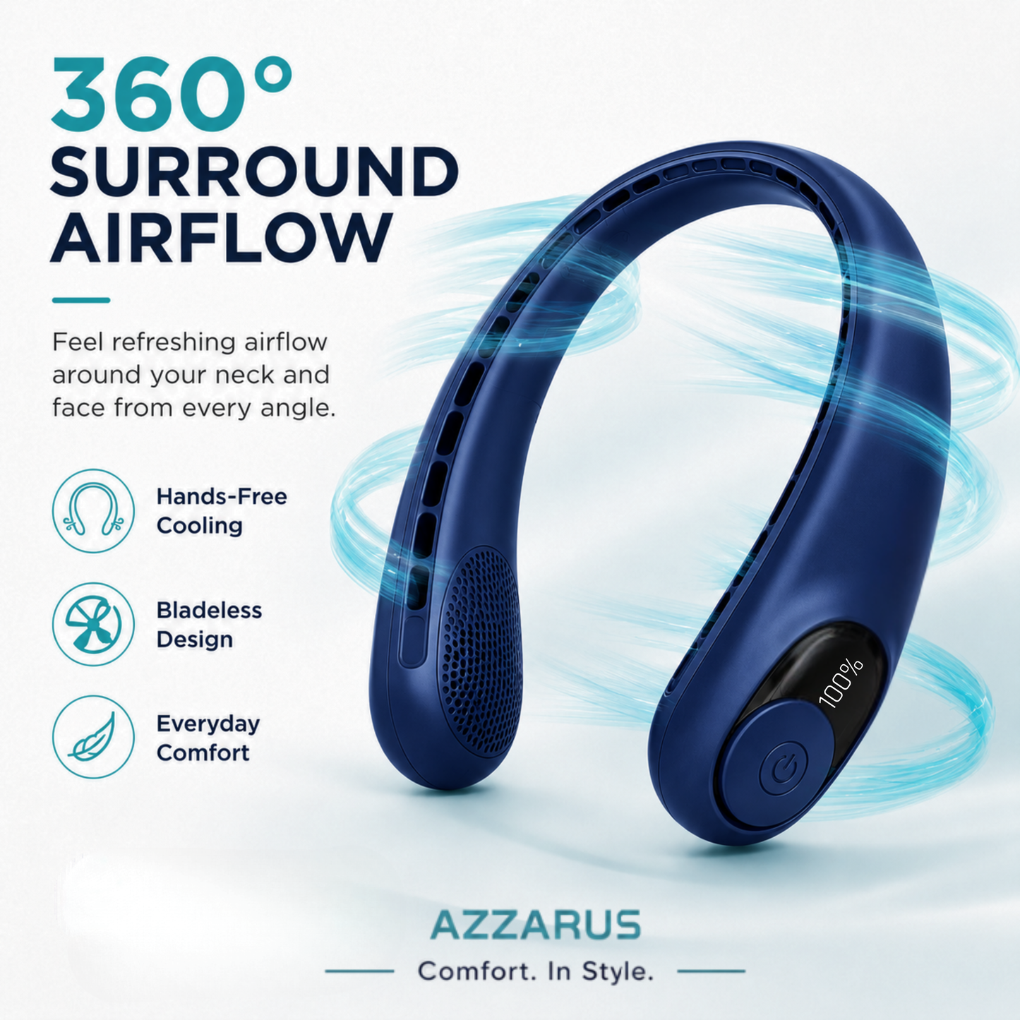 AZZARUS Neck Fan with Digital Display – Rechargeable Bladeless Wearable Fan, 4000mAh Battery, 3 Speeds & USB-C Charging