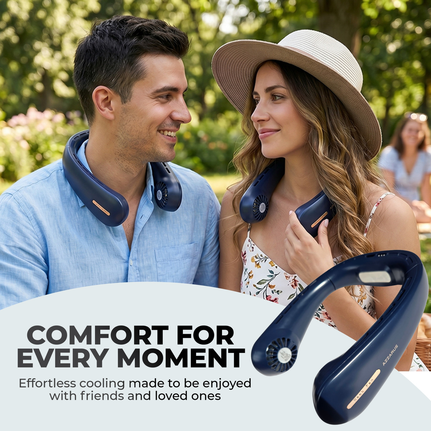 AZZARUS® Bladeless Neck Fan – USB Rechargeable Personal Cooling Fan, 4000mAh Battery, 3 Speeds, 360° Airflow – Available in Blue & White