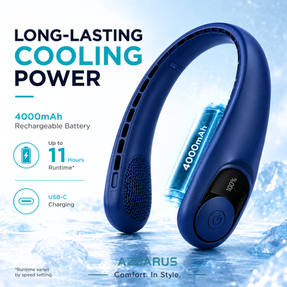 AZZARUS Neck Fan with Digital Display – Rechargeable Bladeless Wearable Fan, 4000mAh Battery, 3 Speeds & USB-C Charging