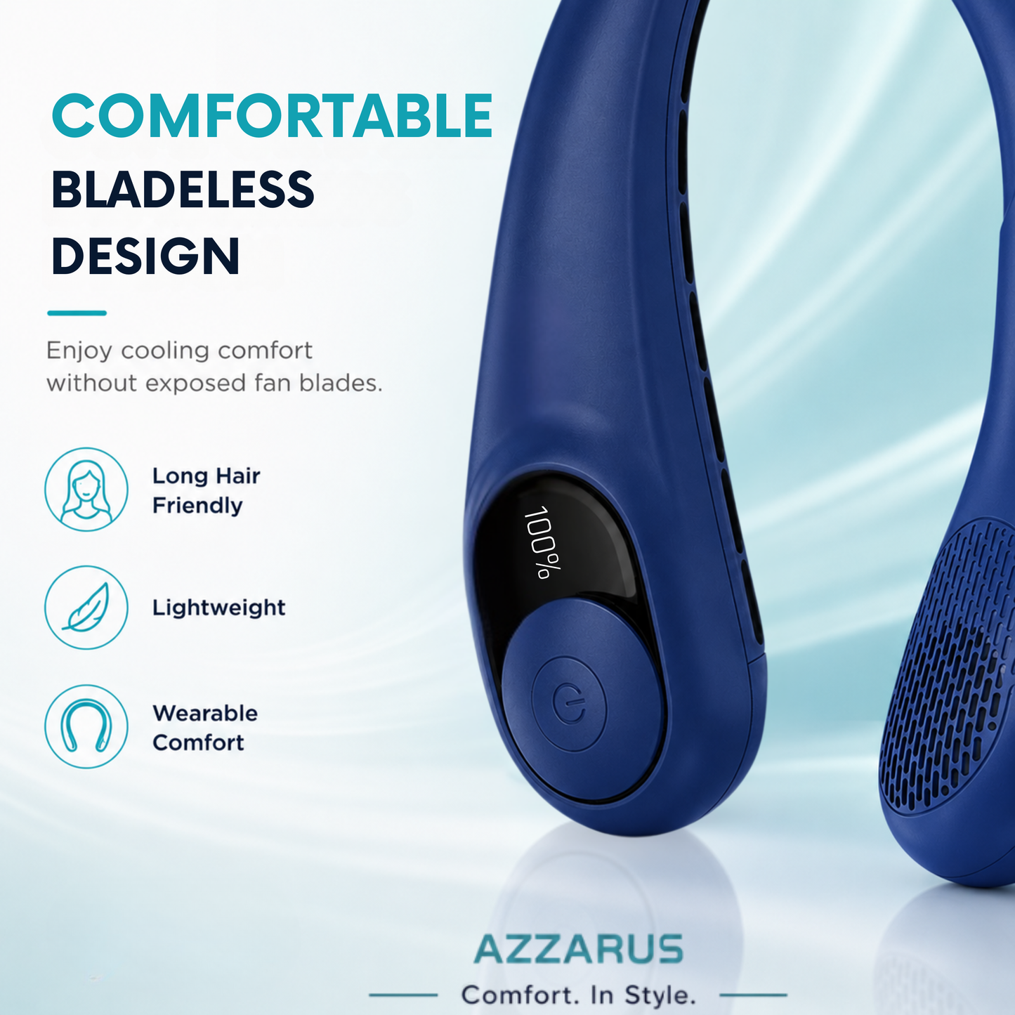 AZZARUS Neck Fan with Digital Display – Rechargeable Bladeless Wearable Fan, 4000mAh Battery, 3 Speeds & USB-C Charging