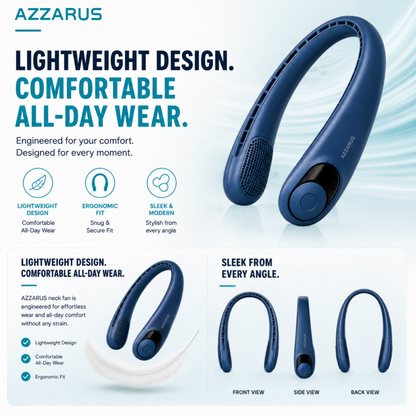 AZZARUS Neck Fan with Digital Display – Rechargeable Bladeless Wearable Fan, 4000mAh Battery, 3 Speeds & USB-C Charging