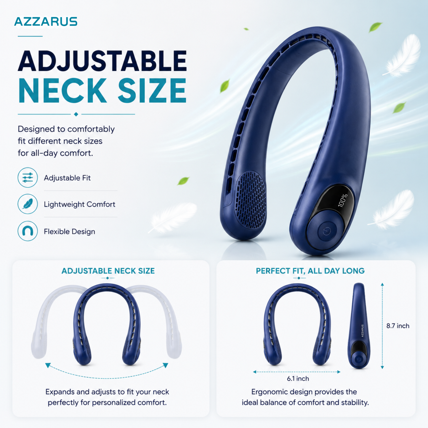 AZZARUS Neck Fan with Digital Display – Rechargeable Bladeless Wearable Fan, 4000mAh Battery, 3 Speeds & USB-C Charging