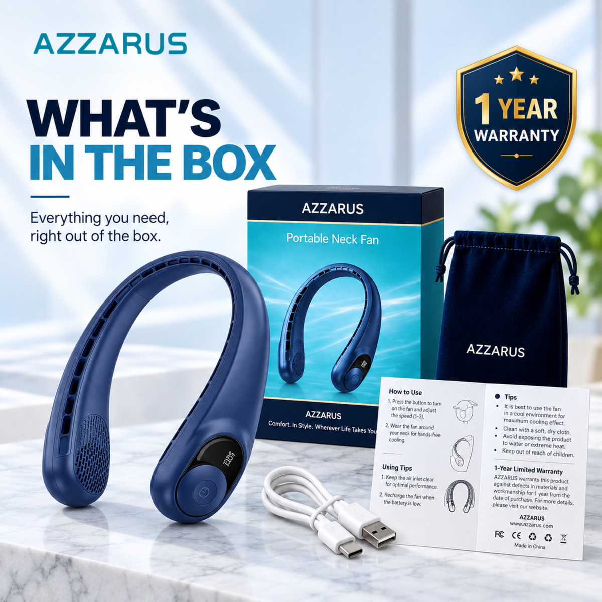 Navy AZZARUS Digital Neck Fan – what's in the box