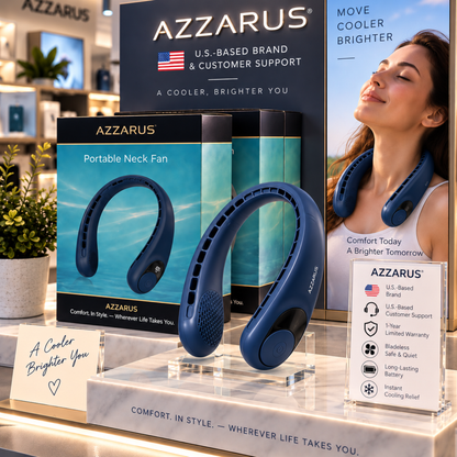 Navy AZZARUS Digital Neck Fan – retail packaging display