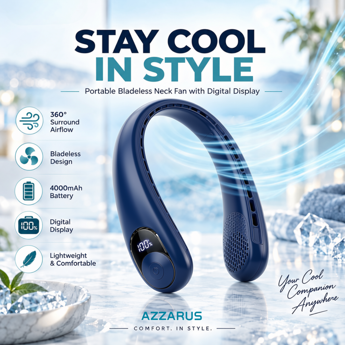 Navy AZZARUS Digital Neck Fan – product overview