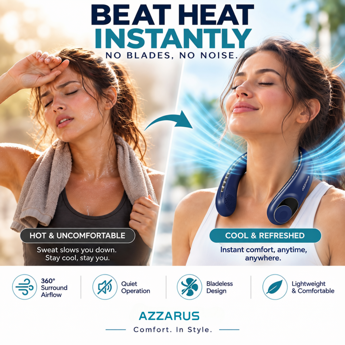 Navy AZZARUS Digital Neck Fan – instant cooling on hot days