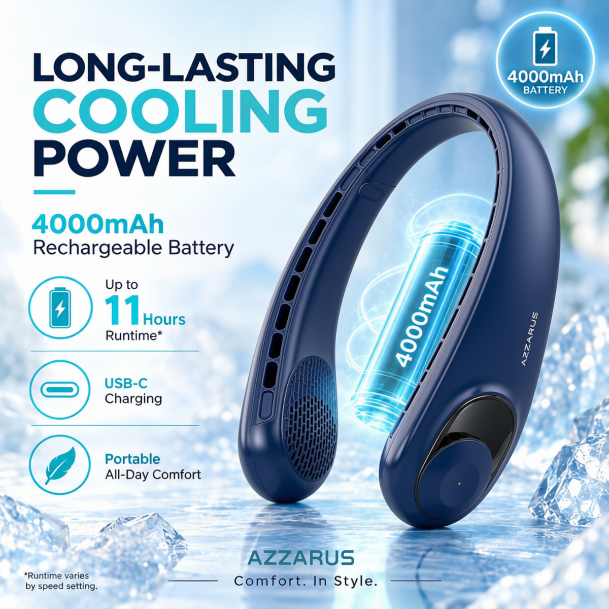 Navy AZZARUS Digital Neck Fan – 4000mAh rechargeable battery