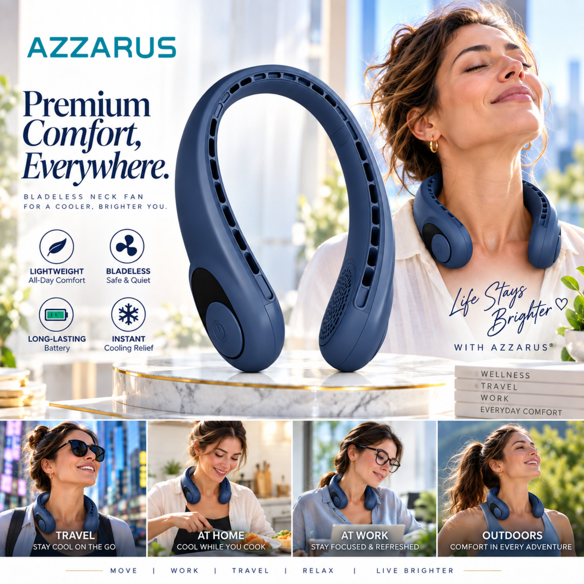 Navy AZZARUS Digital Neck Fan – lifestyle image
