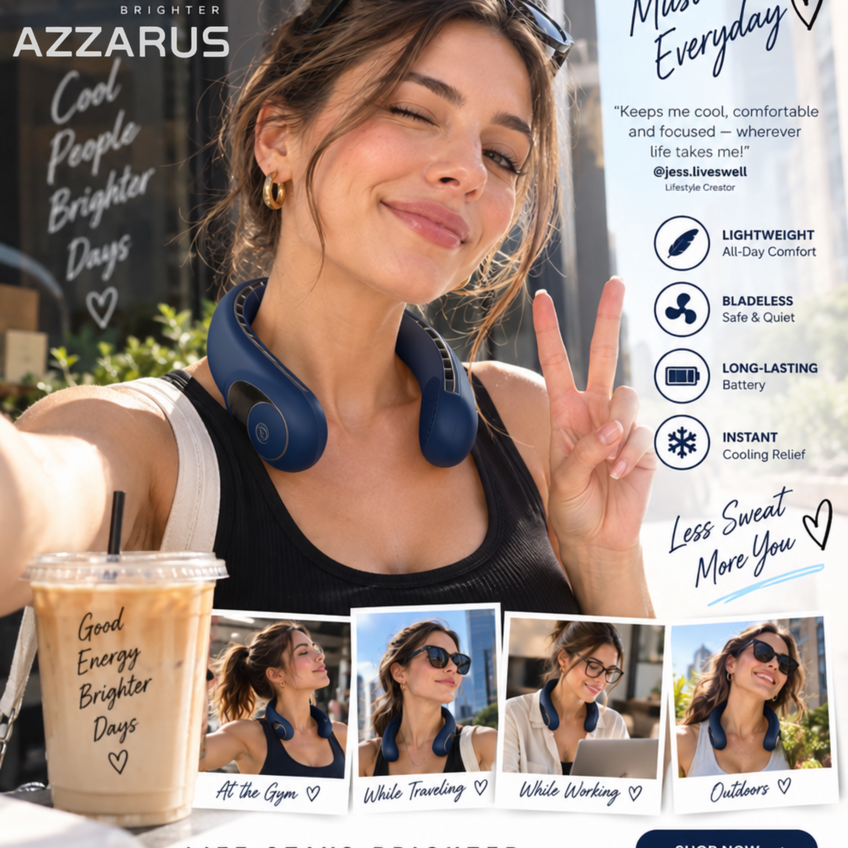 Navy AZZARUS Digital Neck Fan – summer essential lifestyle image