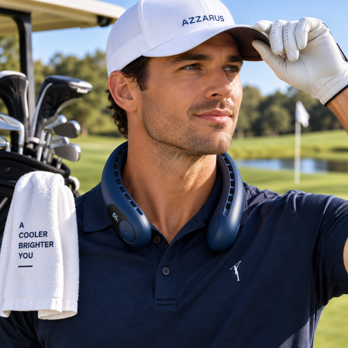Navy AZZARUS Digital Neck Fan – worn on the golf course