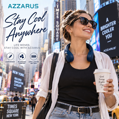 Navy AZZARUS Digital Neck Fan – worn in New York City