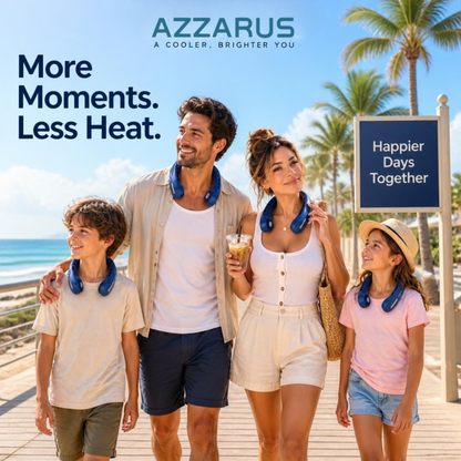 A family of four stands on a sunny boardwalk by the ocean wearing blue neck fans. The image features the Azzarus brand logo at the top and a sign that reads 'Happier Days Together'.