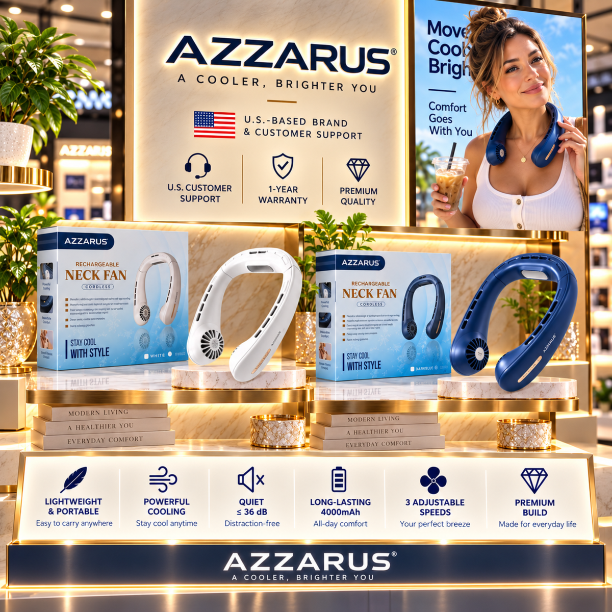 A retail display showcasing the Azzarus Neck Fan in two colors: white and blue. The products are displayed alongside their retail packaging on a multi-tiered shelf, with promotional signs and informational banners behind them.
