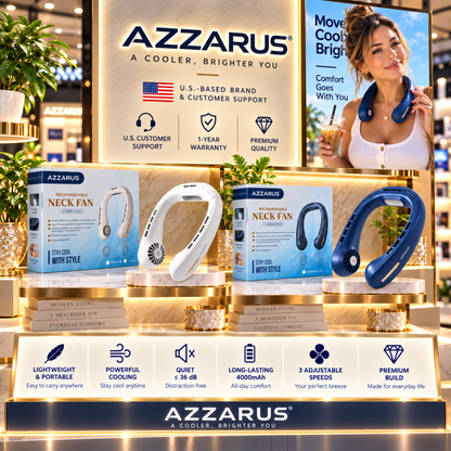 A retail display showcasing the Azzarus Neck Fan in two colors: white and blue. The products are displayed alongside their retail packaging on a multi-tiered shelf, with promotional signs and informational banners behind them.