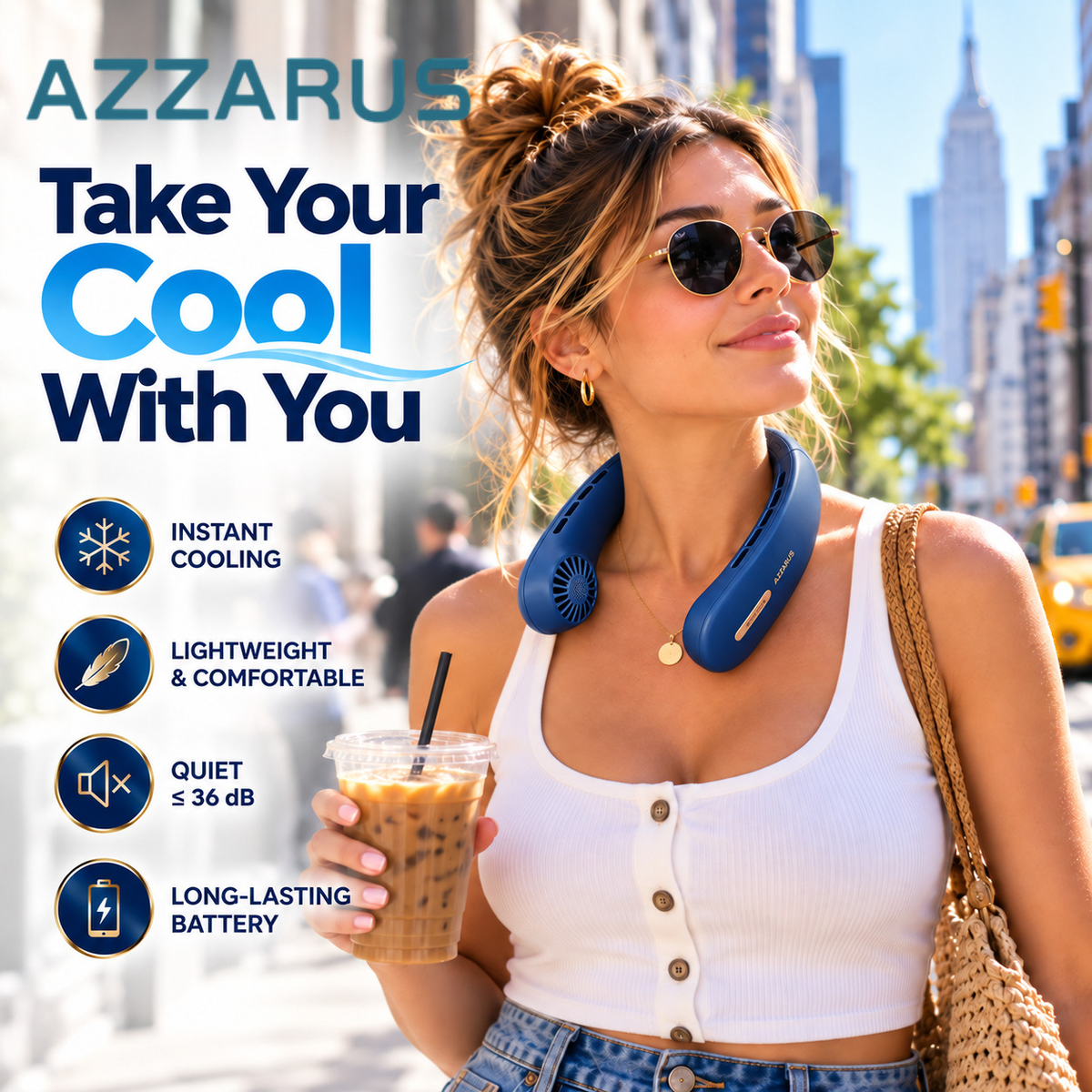 Customer wearing the blue AZZARUS Classic Neck Fan in New York