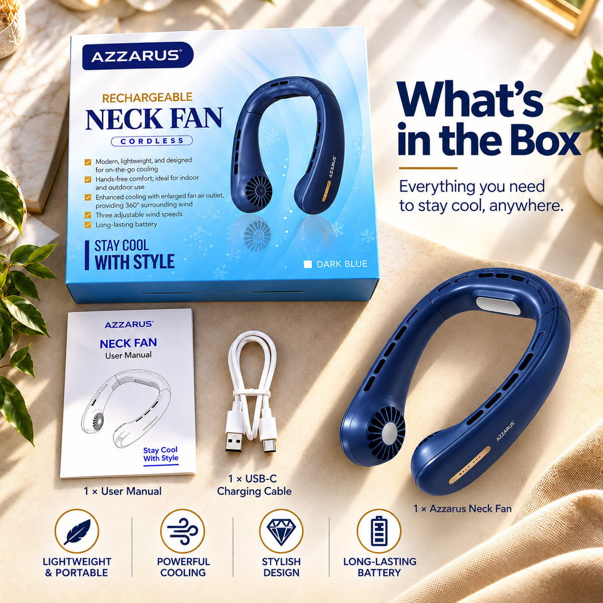 What's in the box – blue AZZARUS Classic Neck Fan package contents
