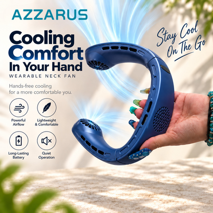 Blue AZZARUS Classic Neck Fan – hands-free cooling wherever you go