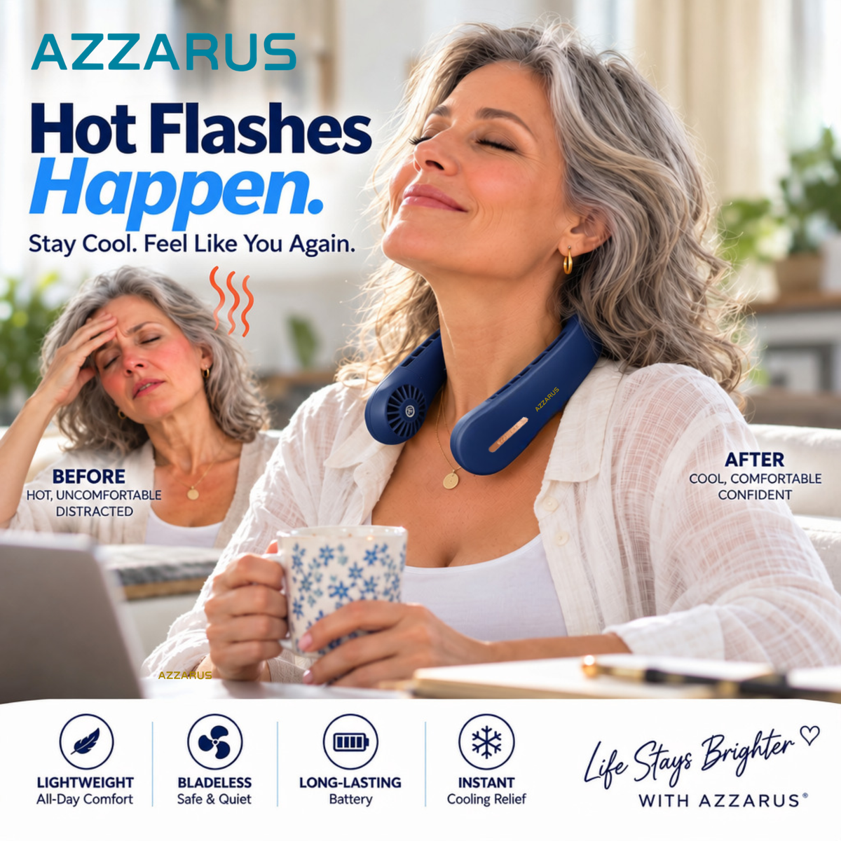 Woman wearing the blue AZZARUS Classic Neck Fan for personal cooling on warm days