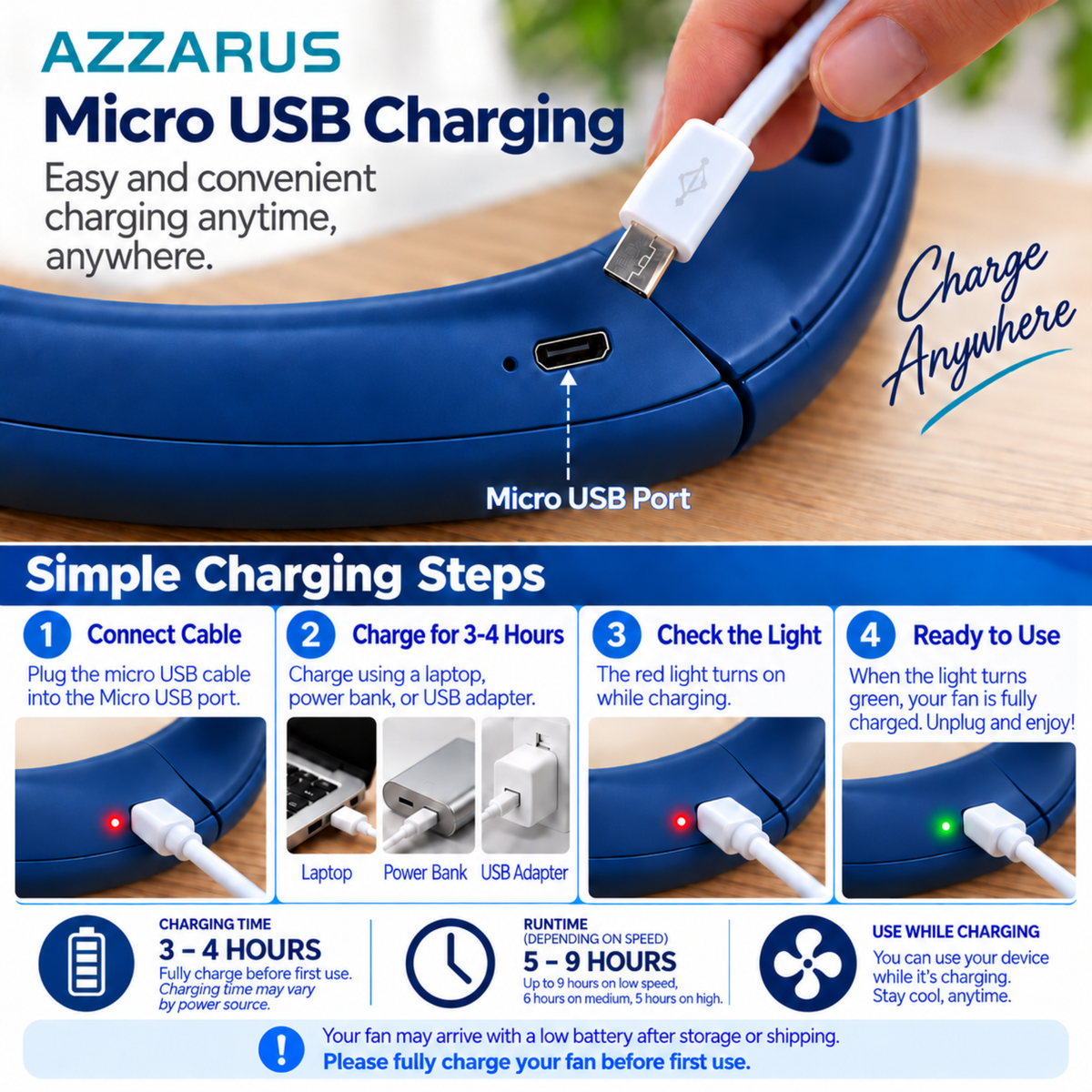 Blue AZZARUS Classic Neck Fan charging with USB cable